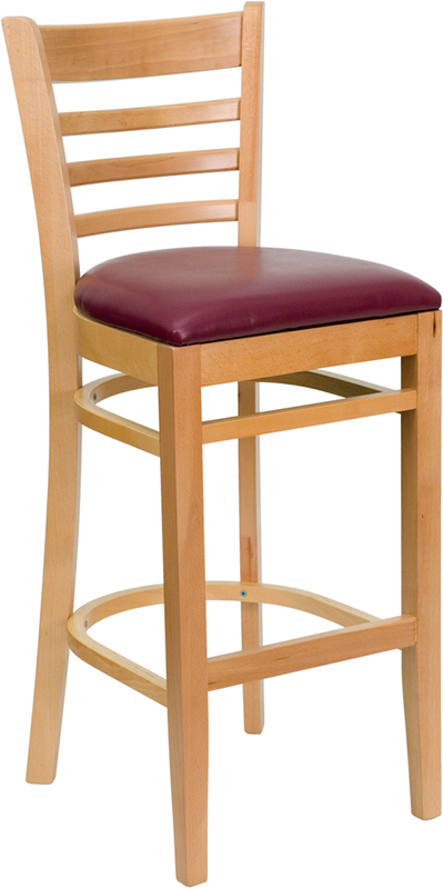 Wood Ladder Back Bar Stool Natural w Burgundy Cushion Seat