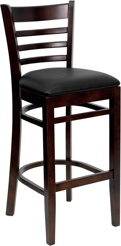 Wood Ladder Back Bar Stool Walnut w Black Cushion Seat