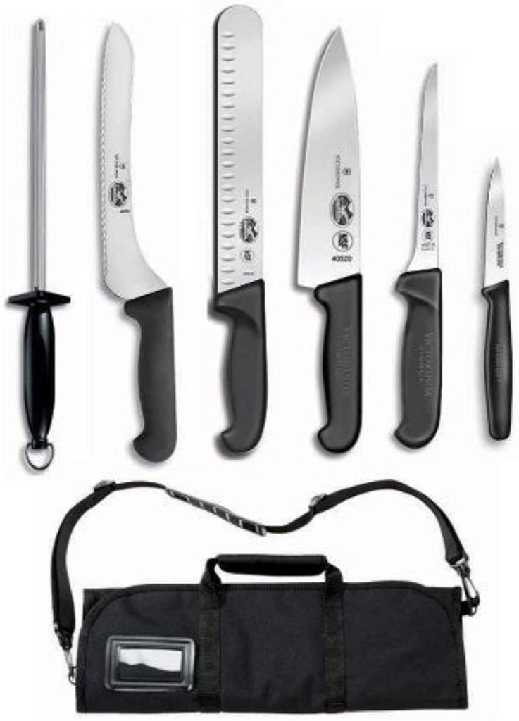 Victorinox 7 Piece (7.4012-X12) Fibrox Deluxe Culinary Knife Roll Set,Black