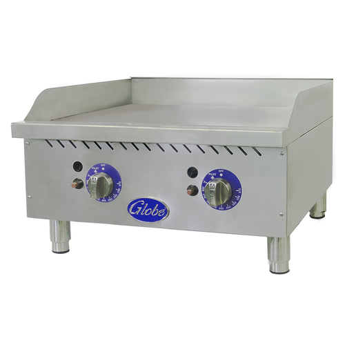 Globe Food Equipment Co. GG24TG Griddle Gas Countertop 24 Inch Wide 1 Inch Polished Plate Stainless Steel Construction