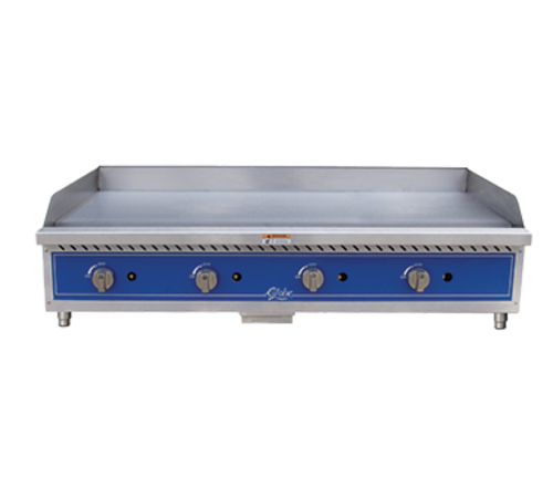 Globe Food Equipment Co. GG48G Griddle Gas Countertop 48 Inch Highly Polished Plate Stainless Steel Frame Manual Controls