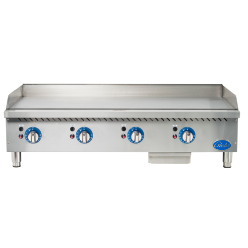 Globe Food Equipment Co. GG48TG Griddle Gas Countertop 48 Inch Highly Polished Plate Stainless Steel Frame Thermostatic Controls