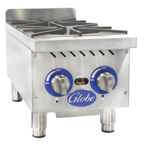Globe Food Equipment Co. GHP12G Hotplate Gas Countertop 2 Burners 22000 BTU Cast Iron Grates Adjustable Pilots