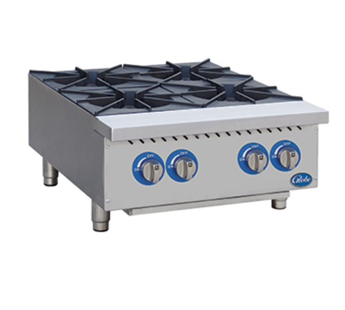 Globe Food Equipment Co. GHP24G Hotplate Gas Countertop 4 Burner 22000 BTU Cast Iron Grates Adjustable Pilots