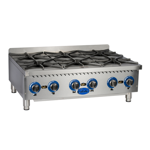 Globe Food Equipment Co. GHP36G Hotplate Gas Countertop 6 Burners 22000 BTU Cast Iron Grates Adjustable Pilots