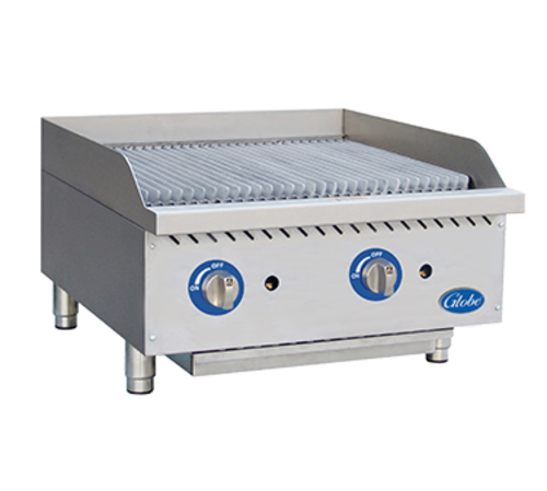 Globe Food Equipment Co. GCB24G-SR Gas Charbroiler 24 Inch Countertop Heavy Duty with Reversible Cast Iron Grates