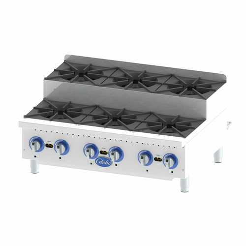 Globe Food Equipment Co. GHPSU636G Hotplate Gas Countertop 36W with 3 Open Burners and Stainless Steel Construction