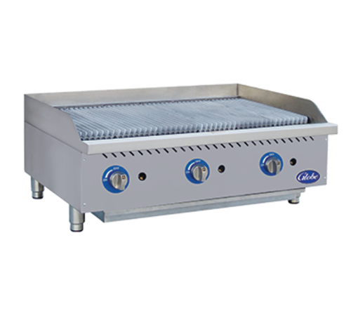 Globe Food Equipment Co. GCB36G-CR Gas Charbroiler Radiant Countertop 36 Inch Heavy Duty with Cast Iron Grates and U Style Burners