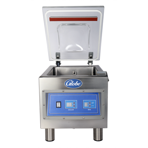 Globe Food Equipment Co. GVP6 Vacuum Packaging Machine 10-1/5 Seal Bar Digital Display 6m³h Pump 2 Fill Plates Non-Slip Feet 120v/60/1-ph NEMA 5-15P cETLus NSF