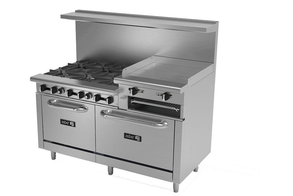 Commercial 6 Burner 24" Raised Griddle Gas Range Two Ovens Asber USA AEMR-2-RG24-B6-60