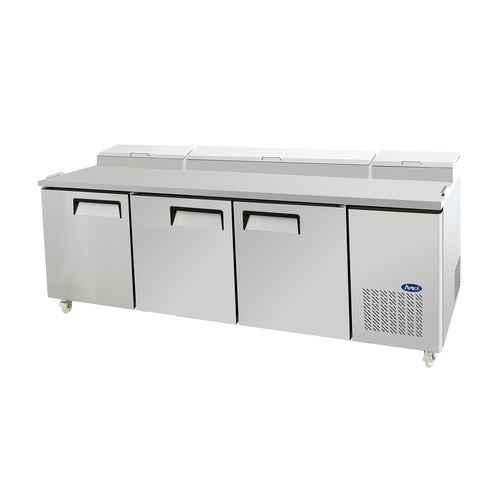 Atosa USA MPF8203GR Refrigerated Pizza Prep Table Three Section 93W x 33D x 44H 28.4 cu ft with Self Closing Doors