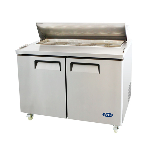 Atosa USA MSF8302GR Sandwich Salad Top Refrigerator 48 inch Two Section with 12 Poly Pans and Self Closing Doors
