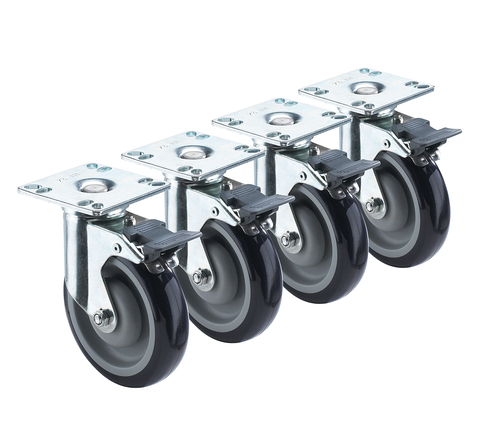 Krowne Metal Corporation 28-260S Heavy Duty Plate Caster Set of 4 with Front Brake 5 Inch Swivel Wheel 500 lbs Capacity