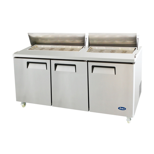 Atosa USA MSF8304GR Sandwich Salad Top Refrigerator 72 inch Three Section 21.1 cu ft with 18 Poly Pans