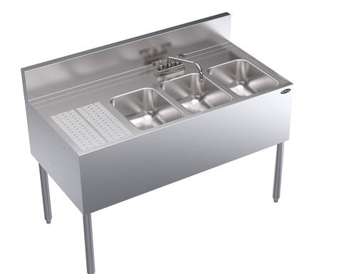Krowne Metal Corporation KR24-43R Royal Series Underbar Sink Unit 48W x 24D Three Compartment with Drainboard and Faucet