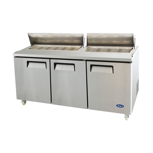 Atosa USA MSF8308GR Sandwich Salad Mega Top Refrigerator 72 inch Three Section 21 cu ft with 30 Poly Pans