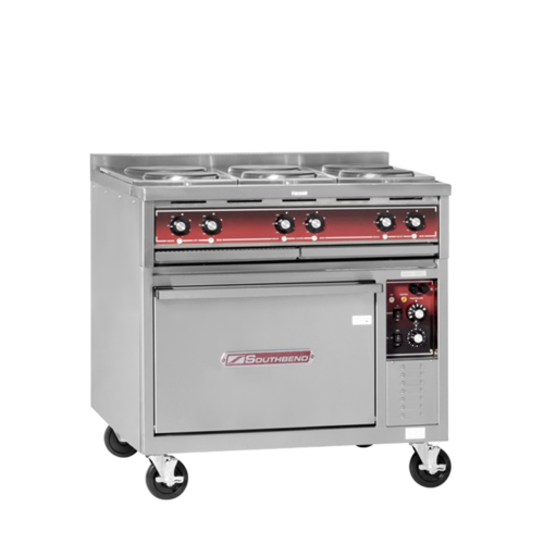Southbend SE36A-BBB Heavy Duty Range Electric 36 Inch 6 Round Hotplates 3-Heat Switch Convection Oven 3 Racks Stainless Steel