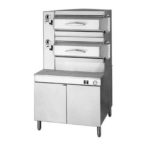 Cleveland Range PEM243 Pressure Steamer Electric Heated Boiler 3 Compartments 36 Inch Cabinet Base Manual Controls 60 Minute Mechanical Timer 6 Inch Adjustable Legs Stainless Steel Construction 24 kW