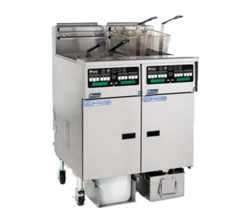 Pitco SSHLV14TC-2/FD Solstice Supreme Reduced Oil Volume Fryer System Gas Twin Tanks Computer Controls Stainless Steel