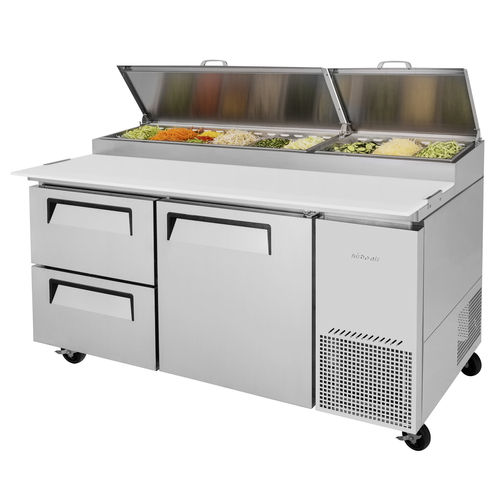 Turbo Air TPR-67SD-D2-N Super Deluxe Pizza Prep Table 67 inch Stainless Steel with Refrigeration Pan Rail