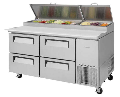 Turbo Air TPR-67SD-D4-N Super Deluxe Pizza Prep Table 67 inch Stainless Steel with Refrigeration Pan Rail
