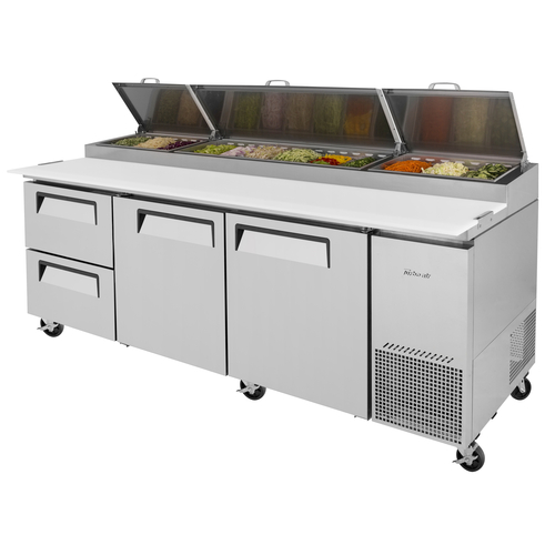 Turbo Air TPR-93SD-D2-N Super Deluxe Pizza Prep Table 93 inch Stainless Steel with Refrigeration Pan Rail