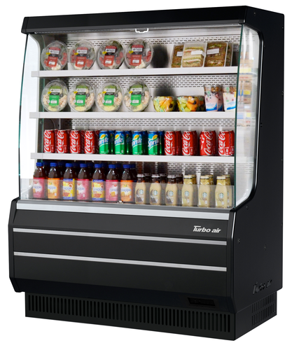 Turbo Air TOM-50MWB-N Vertical Open Display Merchandiser 12.3 cu ft Capacity Self Cleaning Condenser Plug In Installation