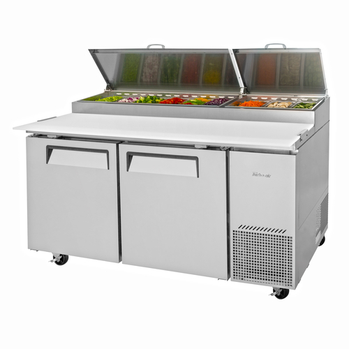 Turbo Air TPR-67SD-N Super Deluxe Pizza Prep Table 67 inch Stainless Steel with Refrigeration Pan Rail