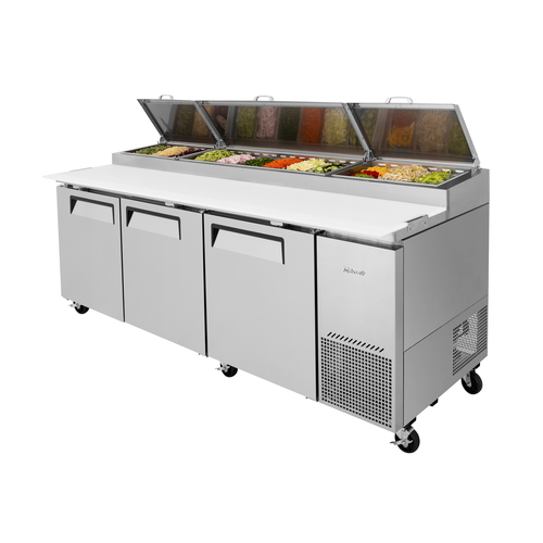 Turbo Air TPR-93SD-N Super Deluxe Pizza Prep Table 93 inch Stainless Steel with Condiment Pans and Shelves