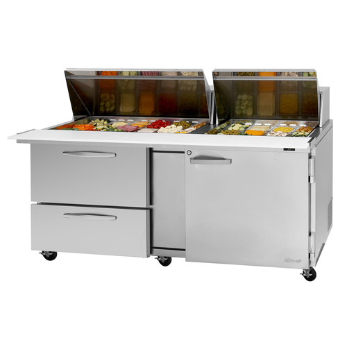 Turbo Air PST-72-30-D2R(L)-N PRO Series Mega Top Sandwich Salad Prep Table 72 inch with Drawers and Self Cleaning Condenser