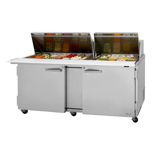 Turbo Air PST-72-30-N PRO Series Mega Top Sandwich Salad Prep Table 72 inch Self Cleaning Condenser 30 Pan Capacity