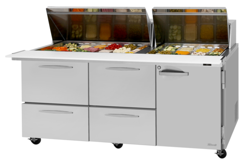 Turbo Air PST-72-30-D4R-LN PRO Series Mega Top Sandwich Salad Prep Table 72 inch Self Cleaning Condenser 30 Pan Capacity