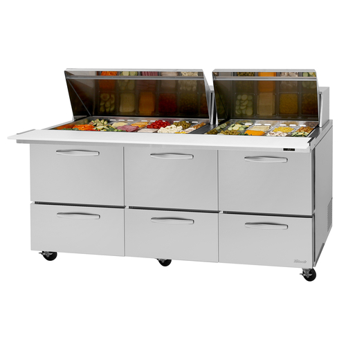 Turbo Air PST-72-30-D6-N PRO Series Mega Top Sandwich Salad Prep Table 72 inch Self Contained Refrigeration