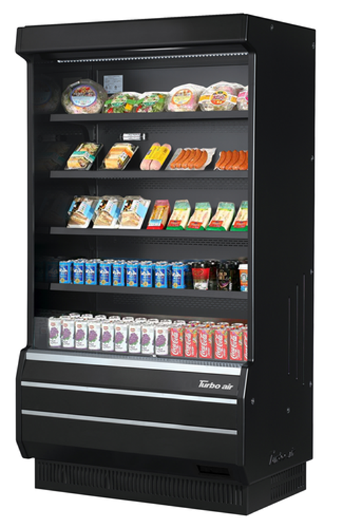 Turbo Air TOM-40B-SP Vertical Open Display Merchandiser 14.4 cu ft Capacity Self Cleaning Condenser Black Exterior