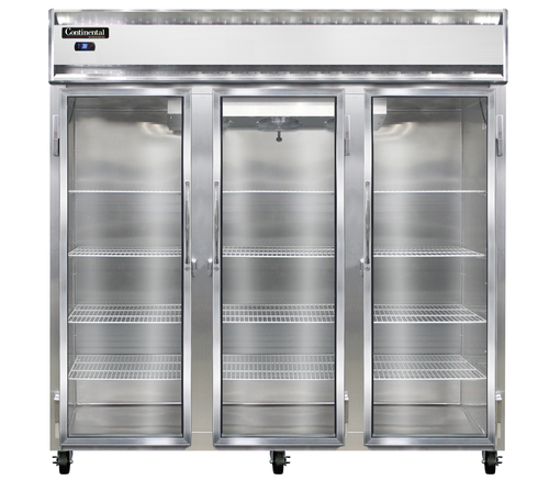 Continental Refrigerator 3RNSAGD Reach In Display Refrigerator Three Section Stainless Steel Aluminum Interior
