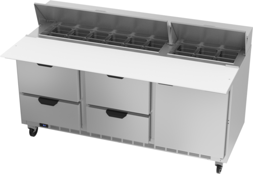 Beverage Air SPED72HC-18C-4 Sandwich Top Refrigerated Counter 72 inch Three Section 20 cu ft Capacity with Drawers and Shelves