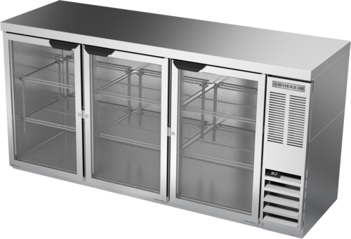 Beverage Air BB72HC1FGS27 Refrigerated Back Bar Storage Cabinet 72 Inch Three Section with Glass Doors and LED Lighting