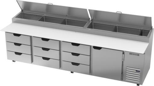Beverage Air DPD119HC-9 Pizza Top Refrigerated Counter Four Section 119W 42.2 cu ft with Drawers and Shelves