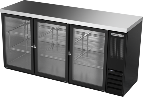 Beverage Air BB72HC1FGB27 Refrigerated Back Bar Storage Cabinet 72 Inch Three Section with Glass Doors and LED Lighting