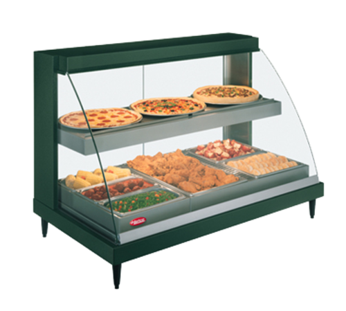 Hatco GRCDH-3PD Glo-Ray Designer Heated Display Case with Humidity Curved Glass Countertop Design 3 Pan Dual Shelves
