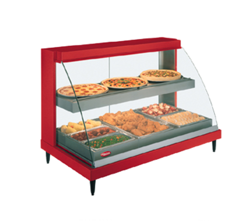 Hatco GRCD-3PD Glo-Ray Designer Heated Display Case Curved Glass Countertop Dual Shelves Stainless Steel 1710 Watts