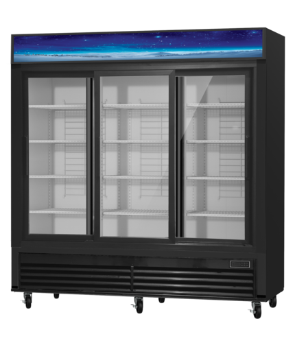 Blue Air BGM69SLB-HC 78" Black 3-Door Sliding Glass Merchandiser Refrigerator, 61 cu. ft.